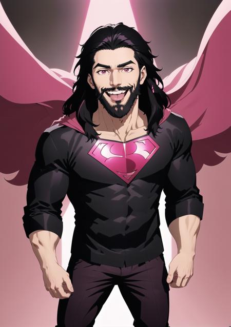 1boy, long beard, tongue out, smile, black hair, from above, superhero, pink eyes, standing, masterpiece, best quality,