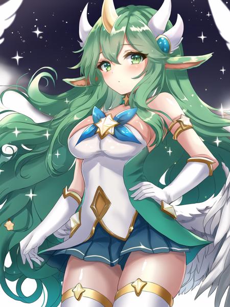 beach, soraka \(league of legends\), star guardian \(league of legends\), hands on hip, star guardian soraka, league of legends, highres, 1girl, alternate costume, alternate eye color, alternate hair color, alternate hairstyle, asymmetrical gloves, breasts, cowboy shot, gloves, green hair, horns, long hair, low wings, single horn, solo, thighhighs, uneven gloves, very long hair, white gloves, white thighhighs, white wings, wings <lora:star_guardian_soraka-000035:1>