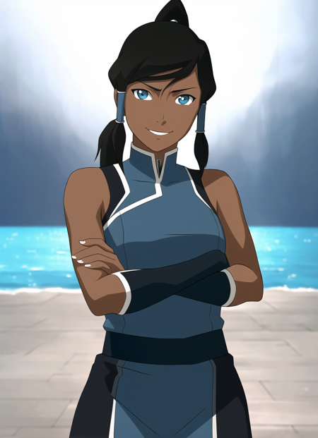 the legend of korra, masterpiece, best quality,  cowboy shot, solo, 1girl, korra, dark skin, dark-skinned female, smile, looking at viewer, crossed arms, ponytail, hair tubes, sleeveless, bare shoulders <lora:the_legend_of_korra_offset:1><lyco:thelegendofkorra_korra-10:1.0>