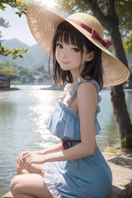 woman,japanese,(beautiful face),smile,frilled one-piece dress ,lakeside,sunlight, sun hat, from below,