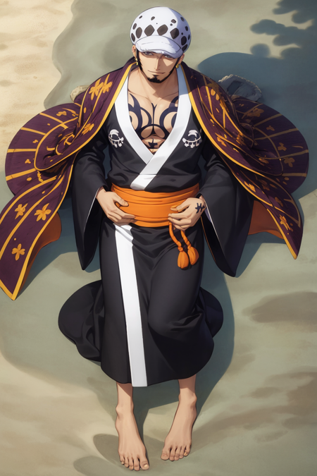 masterpiece, best quality, 1boy, tdlwano, black hair, hat, chest tattoo, earrings, facial hair, long sideburns, goatee, japanese clothes, kimono, over shoulder, , full body, view from above, looking at viewer, smile, solo, sea, sand, tropical island background <lora:TrafalgarDLawWano:1>