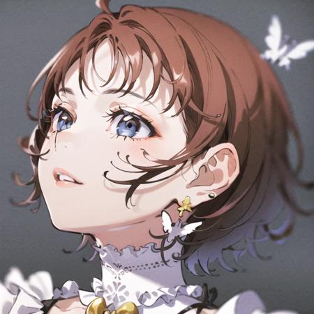 vvi\(artstyle\),vvi\(face\),bug, solo, short hair, butterfly, 1girl, looking up, blue eyes, parted lips, frills, jewelry, brown hair, grey background, earrings,<lora:Vivid_Impactful_Style_1-0:0.8>,