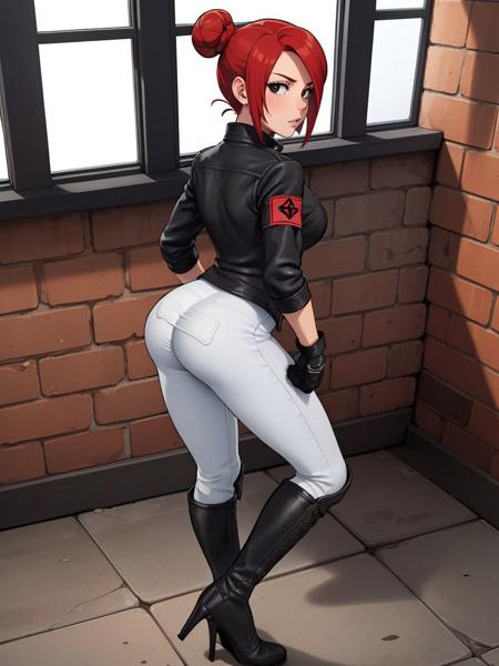 femaleguarduniform,1girl,solo,ass,from behind,looking back,(standing:1.3),full body,red hair,short hair,hair bun,black eyes,breasts,medium breasts,rolling sleeves up,black jacket,leather,leather jacket,zipper,armband,gloves,black gloves,pants,(white pants:1.2),boots,knee boots,high heels,high heel boots,black footwear,pants tucked in,indoors,brick floor,brick floor,window,<lora:PD_Female_Guard_Uniform_V1.0:0.5>,