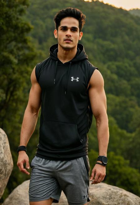 photo of Priyank Sharma a man <lora:Priyank-Sharma:0.7>, wearing a sleeveless well-fitted under armour hoodie and compression shorts, standing on a boulder, outdoor trail, 35mm photograph, film, bokeh, professional, 4k, highly detailed, creek in the background, natural lighting, golden hour