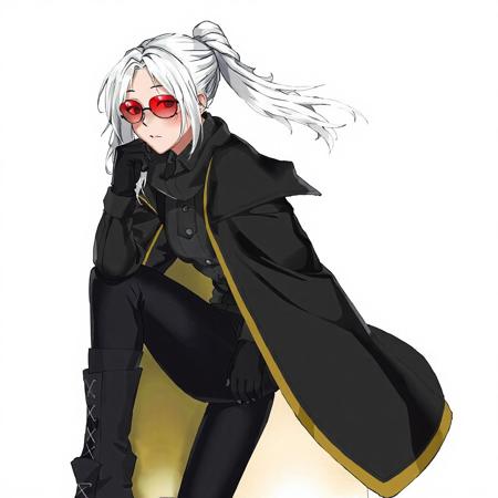 woman, white hair, ponytail, bob, red eyes, red aviator sunglasses, black sweater, black pants, military boots, black gloves, black long coat with yellow edges,