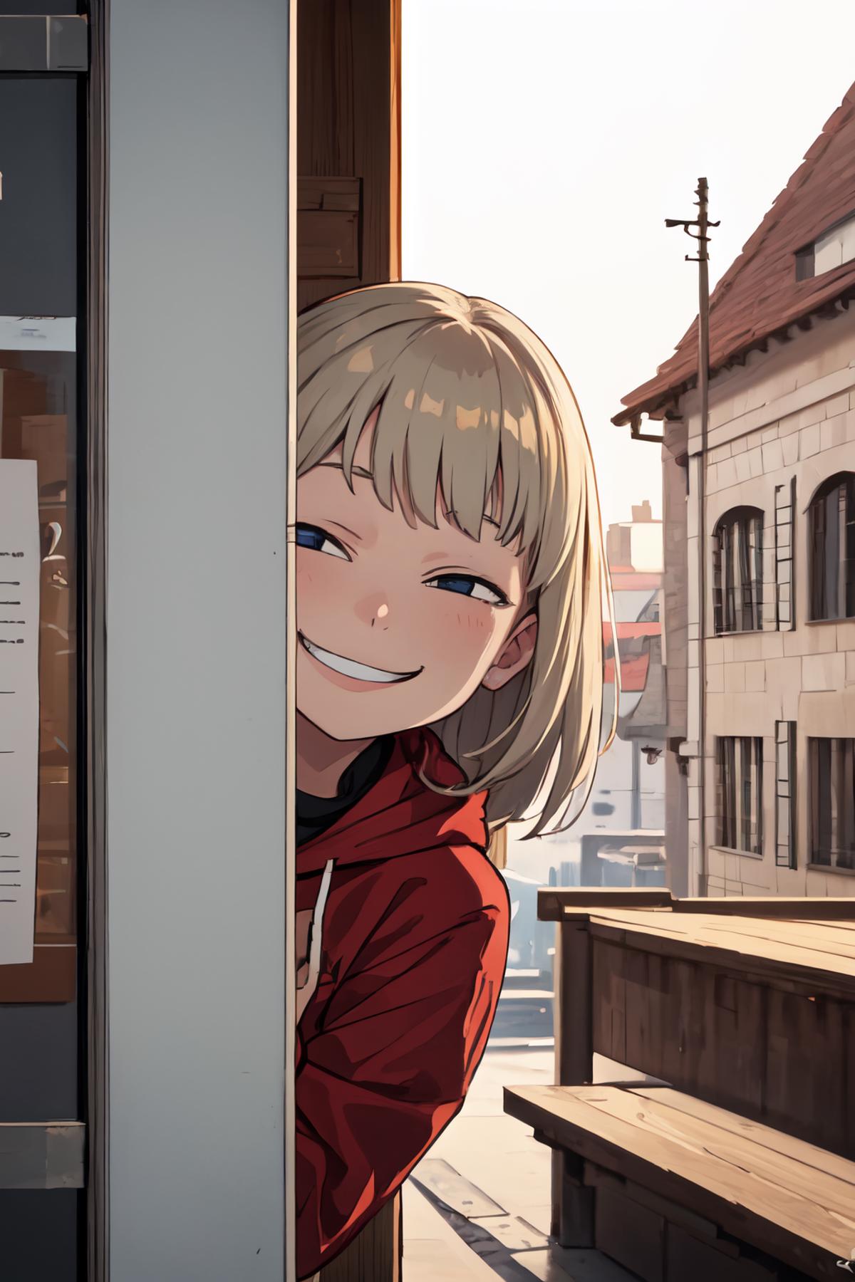 A smiling girl with blond hair peeking out from behind a door.
