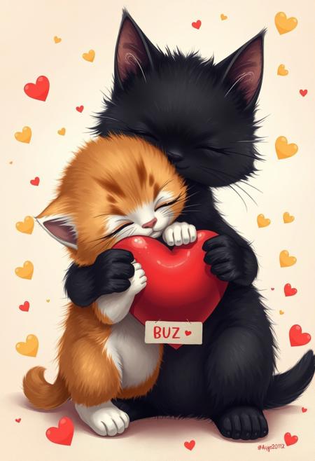 high quality, ultra detailed, colorful, dark fantasy, bo-abyss, bo-neon, ArcaneFGTNR, a digital illustration in a whimsical, romantic style, it features two small, adorable kittens in a loving embrace, the kitten on the left is a small, fluffy orange and white cat with closed eyes, holding a large, red heart in its paws, its fur is soft and fluffy, and its ears are perked up, giving it a content and relaxed expression, the cat on the right is a larger, fluffy black kitten with a soft, fluffy texture, its eyes closed in contentment as it holds the heart close to its chest, the background is a soft gradient of beige and white, with scattered golden hearts and small red hearts floating around them, creating a romantic and dreamy atmosphere, the overall color palette is warm and inviting, with soft, warm tones that enhance the cozy and intimate feel of the scene, the illustration is highly detailed, with a focus on soft textures and delicate, almost ethereal quality, making it a captivating and romantic piece of art(((( small note on heart: "BUZZES"))))