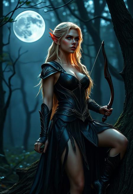 High resolution of ultra-realistic Beautiful Elven Archer girl, ultra-realistic body, perfect athletic body, Attractive Elf girl, artgem, WLOP, sitting on a stump in a dark forest, beautiful Sadie Sink as Elf Archer girl, night of the full moon, realistic elven leather armour, defiant and seductive, covered in dirty and blood, cinematic colors Lighting, extremely detailed, 8K, wavy blonde hair, realistic dirty pale face, realistic blue eyes, beautiful Elf girl on in dark fantasy cool outfit, hyper-detailed, hyper-realistic, Attractive 21 old years Elf woman, Attractive, beautiful firm Breasts, wet and sweaty skin, Dark fantasy style, Dark fantasy atmosphere, sharp focus, digital painting, Photograph Taken on Nikon D750, Alphonse Mucha, 8K, athletic figure, Hyperdetailed, hyperrealism, attractive woman, beautiful woman of athletic body, Attractive bust girl, asymmetric balance