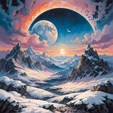 Zentangle extreme effect, landscape with Variegated splashes of color,
big full moon, Light transparent clouds, The mountains of the top are covered with snow, 
fantastical surrealism by Daniel Merriam, Joe Fenton,
ral-cnvctncrnts  <lora:ral-cnvctncrnts-sdxl:.25>, 
painted world <lora:Painted World-SDXL-000006:.5>, 
fractalvines  <lora:Fractal_Vines:.50>