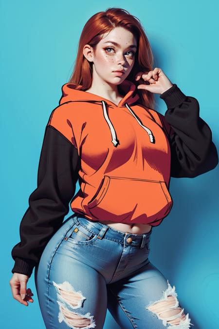 Dr4wn0n, mixed media, cel shading clothing, slime,,<lora:Dr4wn0n:0.9>  <lora:detail_slider_v4:1> <lora:Fr3ckles:0.7> Fr3ckles, freckles, ginger hair, medium breasts, long hair,  grey eyes, <lora:weight_slider_v2:0.8> solo, jeans, hoodie <lora:age_slider_v6:0.9>