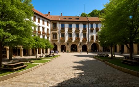 panorama,A vibrant spring afternoon in the Plaza del Fontán, Oviedo, showcasing charming, flower-adorned facades of traditional Asturian houses, lush greenery surrounding the square, and sunlight filtering through the trees, casting playful shadows on the cobblestones,, sweeping landscapes, unique perspectives, epic scale, revealing hidden beauty, showcasing vastness, immersive experience, precise compositions, expert piloting, dynamic angles, cinematic storytelling, showcasing natural wonders, aerial exploration