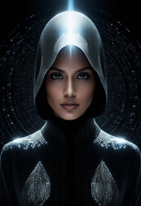 Photo Portait, Centered, a mysterious woman in black, set against a shimmering, ethereal background, created with dynamic 3D digital art techniques and striking contrasts of light and shadow., Drawn By Josh Needleman-Carlton, Brett Breeding, GTVV Style, highly detailed, Reversed angle