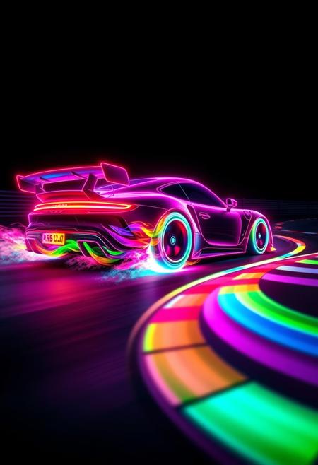 "Image of a neon outline of a race car, speeding along a winding raceway. The car's tires are ablaze with a vibrant, swirling mixture of colors, as if the trail they leave behind is made of pure, unadulterated color. A flurry of colors blasts from the end of the tires, radiating outwards in a mesmerizing display of light and energy. The neon outline of the car is bold and striking, set against a dark background that allows the colors to pop. The raceway's curves and bends are illuminated by the car's trail, creating a dynamic and immersive visual effect. Style: vibrant, dynamic, and futuristic, with a focus on capturing the speed and energy of the racing experience." Absurdres Highest-Quality, 4k