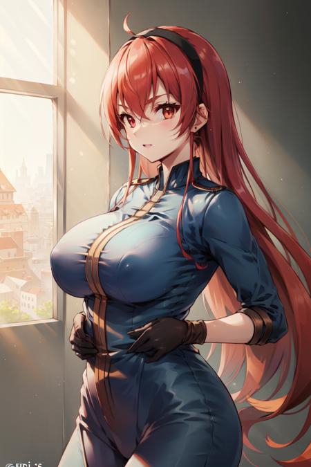 <lora:VaultJumpsuitV7-000035:1>, VaultJumpsuit,  breasts,  number_on_jumpsuit,  Eris_Adult, <lora:ErisV14:0.6>, red_hair, red_eyes, black_hairband