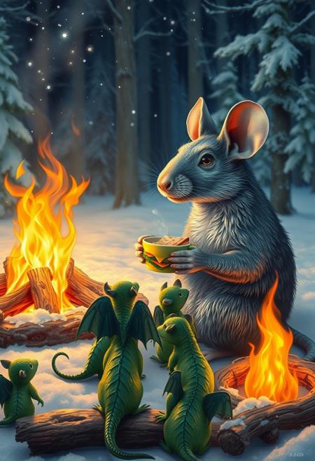 A surrealistic big rat sitting nearby  a  big campfire and  eating a sandwich with cheese  and holding a cup of tea, sitting with a group of little green dragons with dark green wings , with details, snow, snowy night, winter forest, vivid colors, details seen under an electron scanning microscope