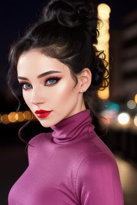 photo of a woman, <lora:bventi-04:0.5>, bventi, ((hair up, hair in bun, curly hair, black hair)), ((pale skin)), ((walking, outdoors, city, at night):1.2),((turtleneck sweater dress)), ((red lipstick, eyeliner, eye shadow, blush)), ((best quality, masterpiece, extreme details, bright colors, vivid colors, high resolution):1.2),((detailed eyes, beautiful eyes, detailed face, beautiful face):1.2)