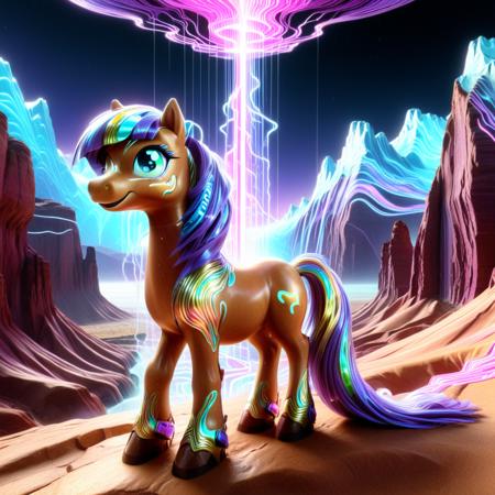 Psychedelic style  <lora:Holography:0.8> h4v_h0l0,  <lora:Dark-Cute-Ponies:1> drkpny, a group of ponies, each a different flavor of holographic pastel glitch, move as one across a cracked landscape of vaporwave deserts and floating command-line cliffs. Trails of code echo behind their hooves. Their tails? Living fiber optics that shimmer like rain in VR. One looks backâher expression unreadable, looped in an infinite smile. . Vibrant colors, swirling patterns, abstract forms, surreal, trippy