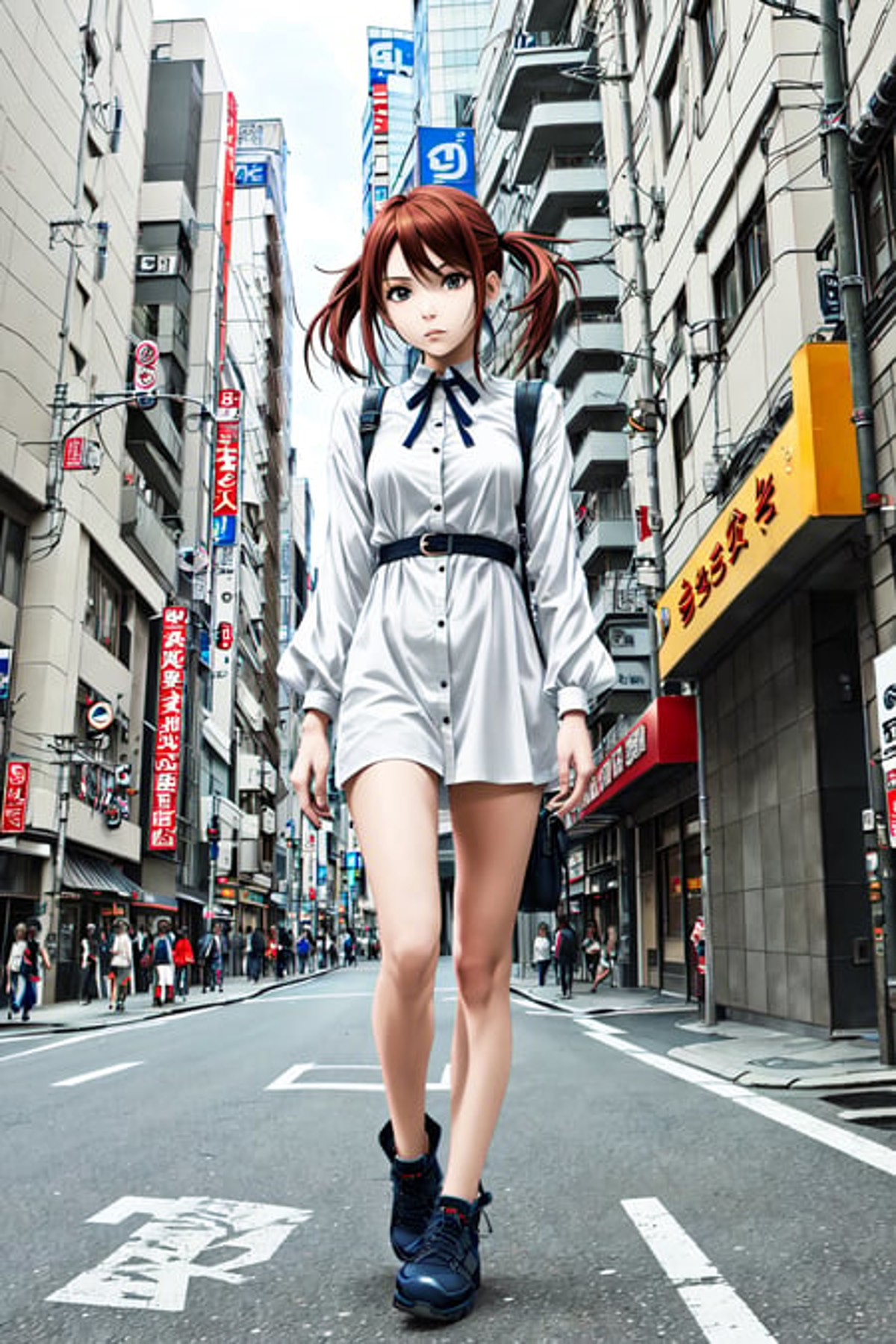 Full body fashion photo of an anime girl staring in tokyo