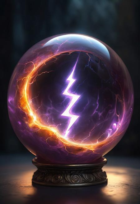 A mystical orb floats slightly above a neutral gray surface, glowing with intense inner energy. The orb is perfectly spherical, its glassy surface reflecting ambient light with high gloss and clarity. Deep crimson and amethyst hues swirl throughout its translucent shell, creating an otherworldly, fluid texture. At its core, a fiery golden crack-like fissure radiates outward, resembling a vertical bolt of contained lightning or magical flame. The inner light pulses subtly, illuminating the interior with veins of glowing orange and yellow. Iridescent violet tendrils spiral around the fissure, resembling magical runes or arcane energy. The background is minimal and dark, ensuring the orb remains the primary focal point. The style is fantasy digital art, with high detail, soft lighting, and a semi-realistic rendering approach.
 magical artifact, fantasy orb, glowing crystal, enchanted sphere, mystical core, high detail, digital painting, arcane energy, ethereal glow, soft reflections, fantasy object design, semi-realistic style.
fantasy, magic, digital art, semi-realistic, glow effect, object-focused, artifact design, lazypos