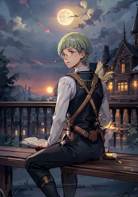 (masterpiece, best quality:1.2), detailed background, outdoors, grassy hill, night sky, stars, full moon, 1boy, sitting, looking back, <lora:IgnatzVictor-10:0.75>, defignatz, glasses, garreg mach monastery uniform, blunt bangs