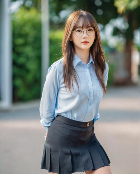 (best quality:1.4), (ultra highres:1.2), (photorealistic:1.4), (8k, RAW photo:1.2),(portrait shot:1.3), pinomyim, 1girl, solo, looking at viewer, bangs, brown hair, (full body:1.3), blurry background, realistic, glasses, round eyewear, realistic, Perfect Hands, shirt, long hair, miniskirt, <lora:neg4all_bdsqlsz_xl_V7:0.8>, <lora:Perfect Hands v2:0.8>, <lora:pinomyim-000050:0.5>