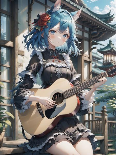 (anime:1.1) 1girl playing guitar,