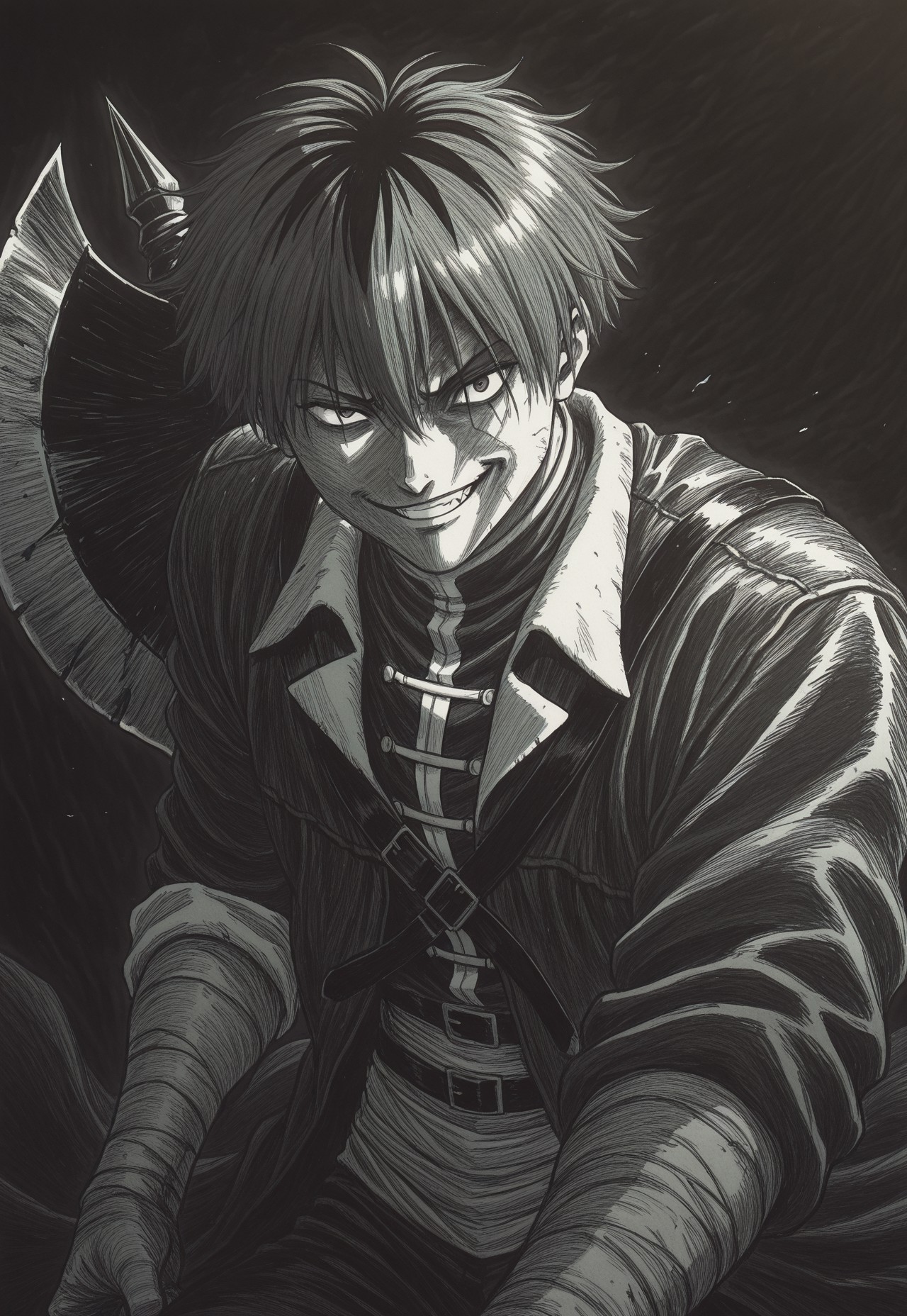 A young man with short spiky black hair, and a wide, menacing grin is depicted in a monochrome, high-contrast black and white. He is leaning forward and looking down toward the viewer, with the blade of a large axe resting on his right shoulder. The character is wearing a coat with a light-colored collar over a shirt with fastenings across the chest, and his forearms are wrapped in bandages. 