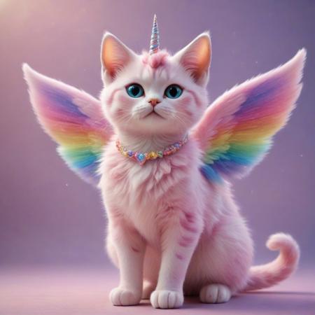 RainbowUnicornStyle, full body, pink cat made of rainbow, wearing a cute pink dress, wings on back, beautiful fantasy background, Masterpiece level quality, soft lighting, sharp focus, fine details, high quality, precise, high resolution, 4k, 8k,