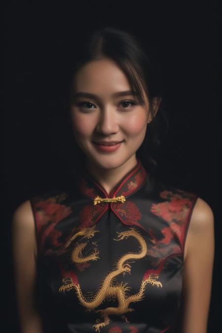 cheongsam with a motif Dragon flying in the sky, lunarNewYear2024quiron, dragon, paper lantern beautiful woman, dark, dim , lowkey , film grain , Kodak Portra 800, cute , smile , lingerie dark, night close up. black room , black curtain , wash color , expired film dark image, shadow, ,shadows, contrast, dark , HyperSmoke, dark background, black background,  backlit, dark theme, detailed face , shadow, close up face, bokeh