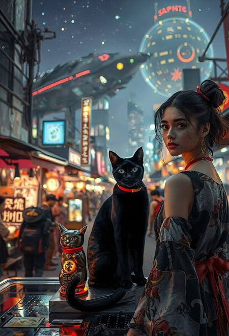Setting is a futuristic cyberpunk street market at night, the market is comprised of street vendors selling robot parts, food, weapons, and robots. People wearing futuristic cyberpunk clothing are walking through the street market shopping and eating, A sleek black cat with red collar sits on a cluttered metal riveted desk with transparent top and micro-LED lighted computer components visible inside, On the desk is an ebony and gold maneki neko statue and futuristic art deco lighting, (((a beautiful woman, 24 years old, is standing in the foreground FACING THE VIEWER, she has an expression of interested curiosity)))))), the sleek black cat with red collar is sitting on the desk and watching the people walking by in the busy street market, the woman is dressed in futuristic cyberpunk ECLECTIC style yukata with a low neck line alluring aesthetic. An enormous art deco inspired starship with futuristic lighting and an enormous space station are visible in the background among the stars, The woman's hair is elegantly tied up with a ribbon. Artistic cyberpunk, dynamic perspective, (((overall architectural aesthetic is Art Deco Cyberpunk))).  Epic image that elicits a feeling of wonder and awe, (((((CLASSICALLY STYLIZED LIGHTING AND ARCHITECTURE FROM CHINA INDIA JAPAN FRANCE EGYPT ROME AND GREECE))))),