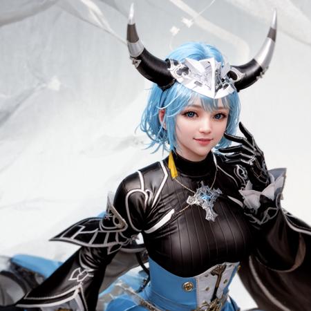 white background, empty background, portrait, upper body, smile, looking at viewer, masterpiece, higres, best quality, belle, 1girl, short hair, blue hair, blue eyes, skirt, large breasts, horns, helmet, hat, blue nails, turtleneck, white thighhighs, armor, gloves, socks, platform footwear,   <lora:Belle1_lora:0.8>   <lora:add_detail:0.4>   fcDetailPortrait