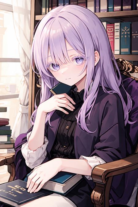 upper body, 
1girl, purple hair, (colored eyelashes, purple eyelashes:1.2), sleepy, faint smile, (smile:0.8), closed mouth, head down, sitting on armchair, looking at viewer, hand on own knee, book on knee, blue  eyes, 
indoor, bookshelf, 
 <lora:colored_eyelashes000:1>,  