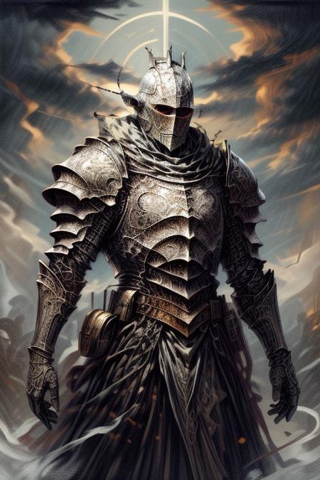 score_9, score_8_up, 8, score_7_up, solo,  
fantasy style, masterpiece, 8k, dynamic pose, 20 y.o, <lora:Fantasy_Classes_SD:1>,
(Dungeons and Dragons) Thorough, analog style, eye focus, highest quality, (highly detailed skin), full body, photo of a exquisitely beautiful,
BREAK
This is a highly detailed digital illustration depicting a medieval knight in full armor. The knight stands in a commanding pose, facing forward with a serious expression. He wears a gleaming silver helmet adorned with intricate designs and metal glowing halo attached to it top, suggesting supernatural or magical powers. The helmet covers his face, with only a hint of his determined gaze visible. The knight's armor is a mix of silver and blue, with ornate gold accents and intricate patterns. The chest plate is embossed with a stylized emblem, and the shoulder pauldrons feature similar designs. The armor is reinforced with metal rivets and has a smooth, polished finish. The knight's attire includes a dark blue tunic with a brown belt cinched around his waist, adding a touch of contrast to the metallic armor. The background is a gradient of gray clouds, suggesting a stormy or mystical atmosphere. The lighting is soft yet directional, highlighting the knight's armor and giving it a three-dimensional appearance
BREAK
oil painting, BadDream, negative_hand, NEG_EMBED_STABLE_YOGI_V3, FastNegativeV2, AissistV2
(detailed:1.3), (sharp focus:1.1), medieval style, (expressive face:1.2),,