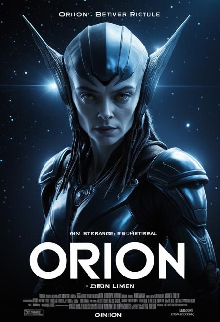 a (movie poster with title and text graphics:1.3) (under the title banner text logo "O\R\I\O\N":1.5), Strange woman,Alien,