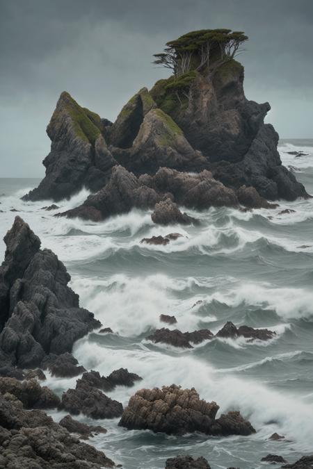 rocky coastline of Japan with crashing waves, overcast sky with moody lighting, mossy rocks and sea birds, ultra-realistic DSLR shot, long exposure style with soft water effect, natural and dramatic atmosphere