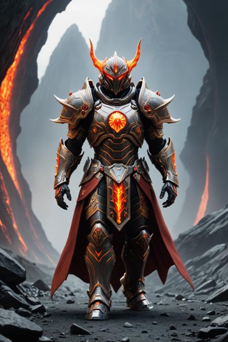 Full body character portrait of an extraterrestrial emperor in tectonic armor with magma ornamentation, walking forward, epic unsplash, centered