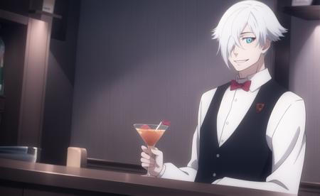 (masterpiece), high quality, highly detailed background, 1boy, solo,
<lora:DeathParadeDecim-v2-04:0.7>, ChopioDecim, white hair, short hair, hair over one eye, blue eyes, +_+, pale skin, (looking at viewer:1),
outfit_1, bartender, white shirt, collared shirt, black waistcoat, red bowtie,
standing, bar, alcohol, glass, cocktail glass, smile,