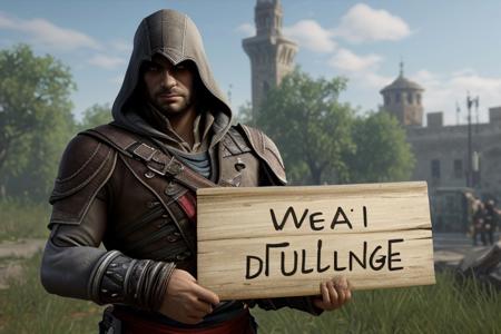 masterpiece,hd quality,8k,super quality,highly detailed,ASSASSINS CREED EZIO AUDITORE in dark detroit jungle , holding a sign "IM DIVYANSH VERMA,A 3D GENERALIST,PLEASE, I NEED MORE FOLLOWERS AS AN 3D ARTIST,..."