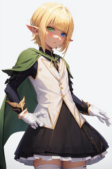 highres, sharp focus, pixiv masterpiece, ((intricate details)), highly detailed, 1boy, mare_overlord, <lora:Mare_Overlord:0.8>, otoko no ko, pointy ears, heterochromia, blond hair, blue eyes, green eyes, dark skin, skirt, zettai ryouiki, crossdressing,