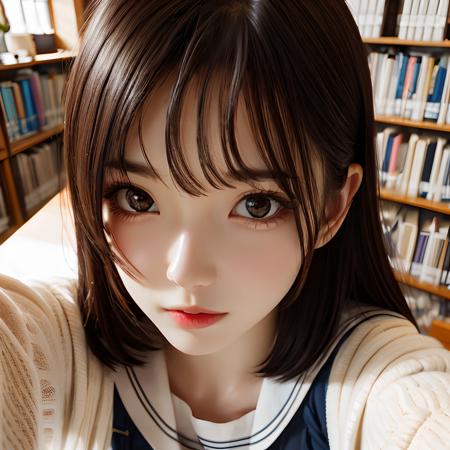 best quality,  ultra detailed 8k cg render,  masterpiece,  high resolution,  extremely detailed,  natural lighting, 
1 girl,  A female student takes a selfie in the library,  close-up,<lora:EMS-12225-EMS:-0.400000>,<lora:EMS-257474-EMS:0.800000>