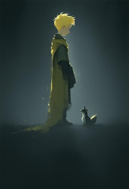 A solitary silhouette of The Little Prince, rendered in a minimalist, impressionistic style. He stands against a flat, midnight black background, illuminated by soft, shimmering white light. He wears a flowing yellow scarf, a textured green cloth garment, and possesses short, blonde hair.  A loyal fox sits attentively at his feet, both forms defined by clear, linear shapes and gentle curves. The composition emphasizes reduction and uniformity, creating a sense of balance and quiet contemplation. Focus on subtle gradients and a dreamlike quality, evoking a poignant memory.