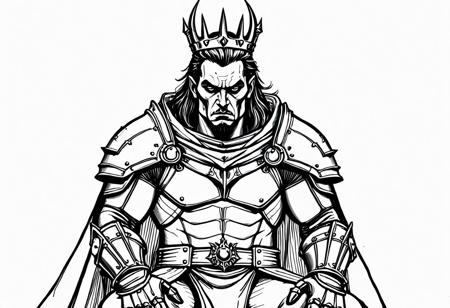 monochrome, greyscale, solo, 1boy, sketch, simple background, white background, male focus, traditional media, upper body, armor, weapon, cape, crown, sitting, throne, long hair, pauldrons, gauntlets, shoulder armor, full armor, facial hair, spiked hair, helmet, sword, robe, cloak, gloves, formal, closed mouth, looking at viewer, portrait, lineart, graphite (medium), imposing figure, royal attire, demonic features, fantasy, medieval