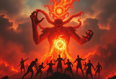 One of the creature's raised hands holds a pulsating, radiant red orb, emitting a blinding glow that casts stark, fragmented shadows across the scene.
Surrounding this imposing figure are several smaller, similar entities, their forms swirling and indistinct, as though emerging from the fiery substance. They encircle the central creature in chaotic, dynamic poses, heightening the sense of supernatural turmoil. The backdrop features dense, dark clouds interspersed with fiery bursts of orange and yellow, resembling an infernal storm. Smoky gradients fade unevenly into the fiery abyss, evoking an apocalyptic wasteland.
To emulate the look of 90s Japanese amateur photography, incorporate era-specific qualities: visible film grain, slight overexposure in the orb's glow, muted reds and oranges blending subtly into the darker tones, and occasional lens flare artifacts. Ensure the overall mood conveys an eerie, overwhelming sense of chaos and impending doom.