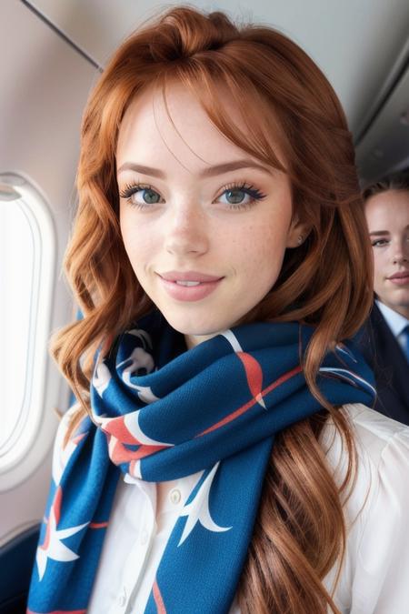 (RileyRasmussen:0.9), upper body, flight attendant, Air France, KLM, British Airways, bold scarf, first class cabin, Boeing, sunrise, (masterpiece, best quality, extremely detailed:1.2)