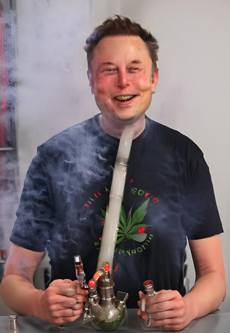 photo, high quality, 1boy, solo,  Elon Musk, smiling, looking at viewer, <lora:XL Chara\SDXL1.0\Elon_Musk.safetensors:1.33:1>,  smoking weed, bong, smoke, red eyes, <lora:XL Concepts\Smoking_Weed.safetensors:1.1:1>