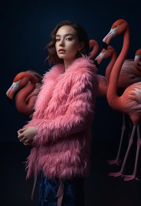 cinematic photo of a woman with a pink feather coat hugging a group of elegant pink flamingos in a black studio background, surrealism, coat designed by Balenciaga, nostaligic mood, dark blue, rembrandt lighting, blue and warm lights, shot with Hasselblad X1D, A cinematic, hyper-detailed, National Geographic-style composition, shot with a Canon EOS R5, f/1.4 aperture, soft bokeh background, 8K resolution, photorealistic,