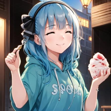 extremely detailed CG unity 8k wallpaper, realistic, hand by Guido Daniele
1girl, pink hair, konpaku youmu, green eyes, food, closed eyes, hairband, shaved ice, holding, smile, hood, hoodie, long hair, grey hair, short sleeves, black hairband, alternate costume, clothes writing, contemporary, bangs, holding food, blue hair, closed mouth, hair ribbon, ^_^, eating, hood down, outdoors, ribbon, holding spoon, medium hair