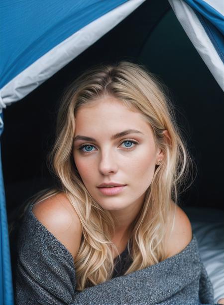 portrait photo of the prettiest girl in the world, ((dyed blonde hair)), British girl, BREAK sleeping in a sleeping bag inside a tent BREAK Dark ambiance, BREAK extremely high-quality RAW photograph, detailed background, intricate, Exquisite dls and textures, highly detailed, ultra-detailed photograph, 4k, sharp focus, high resolution, detailed skin, detailed eyes, 8k uhd, dslr, high quality, film grain, Fujifilm XT3,