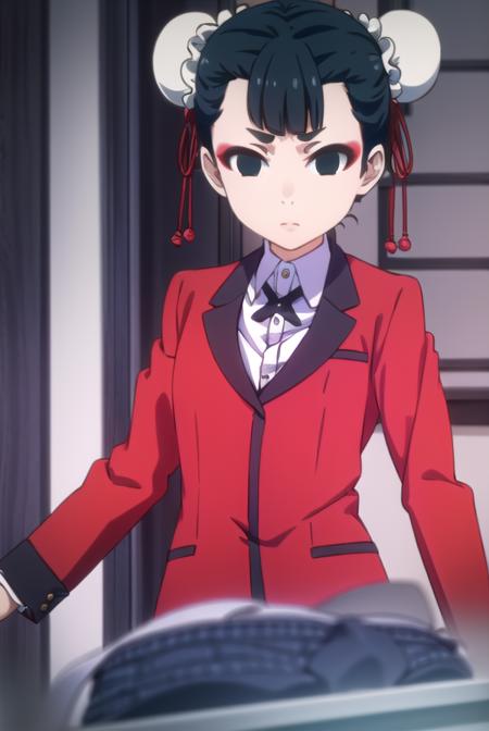 miriyoubami, <lora:miri youbami s2-lora-nochekaiser:1>,
miri youbami, short hair, bangs, black hair, hair bun, (black eyes:1.5), double bun, makeup, empty eyes, bun cover,
BREAK skirt, shirt, school uniform, jacket, white shirt, pleated skirt, collared shirt, black skirt, blazer, (red jacket:1.5),
BREAK indoors, classroom,
BREAK looking at viewer, (cowboy shot:1.5),
BREAK <lyco:GoodHands-beta2:1>, (masterpiece:1.2), best quality, high resolution, unity 8k wallpaper, (illustration:0.8), (beautiful detailed eyes:1.6), extremely detailed face, perfect lighting, extremely detailed CG, (perfect hands, perfect anatomy),