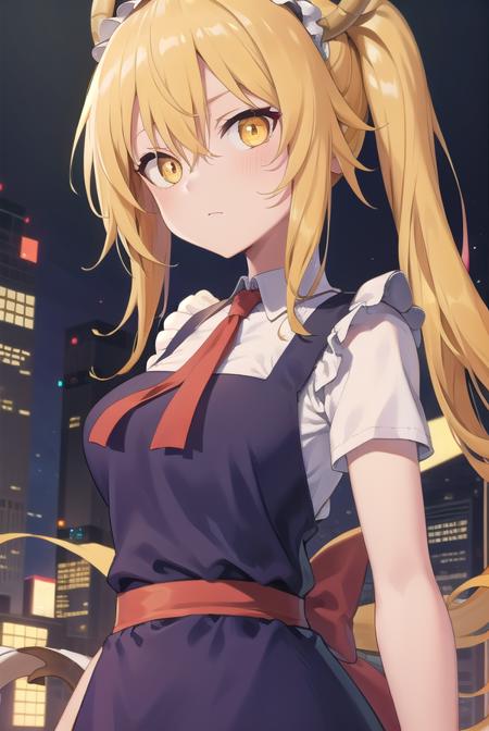 dragontohru, <lora:tohrutest:1>, tohru, blonde hair, dragon girl, dragon tail, fang, hair between eyes, horns, large tail, long hair, scales, tail, twintails, (yellow eyes:1.5), slit pupils,
BREAK bow, frills, maid, maid headdress,
BREAK looking at viewer,
BREAK outdoors, city,
BREAK <lora:GoodHands-vanilla:1>, (masterpiece:1.2), best quality, high resolution, unity 8k wallpaper, (illustration:0.8), (beautiful detailed eyes:1.6), extremely detailed face, perfect lighting, extremely detailed CG, (perfect hands, perfect anatomy),